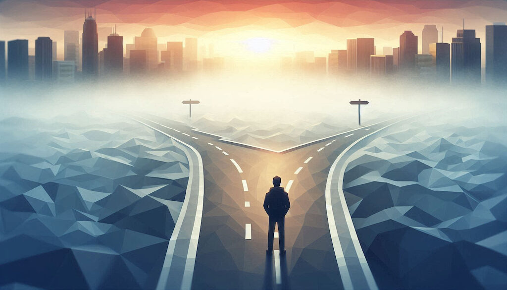 A photo of a person standing at a crossroads, looking thoughtfully at two different paths. One path is foggy and unclear