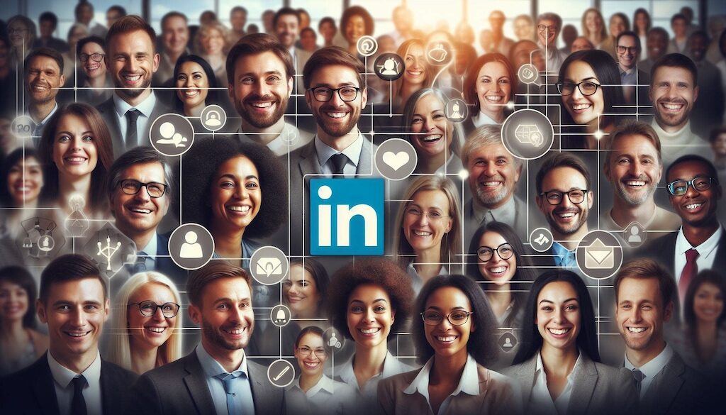 A collage of diverse employees' faces smiling and looking confident, with icons representing social media platforms like LinkedIn and Twitter around them